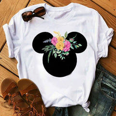 Women T-shirts Cute Print Tshirt Woman Summer Short Sleeve Flowers Ear Fashion Graphic Tee Shirt Tops Female T-shirt Clothes