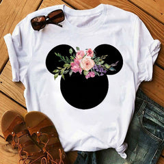 Women T-shirts Cute Print Tshirt Woman Summer Short Sleeve Flowers Ear Fashion Graphic Tee Shirt Tops Female T-shirt Clothes