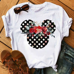 Women T-shirts Cute Print Tshirt Woman Summer Short Sleeve Flowers Ear Fashion Graphic Tee Shirt Tops Female T-shirt Clothes