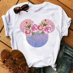 Women T-shirts Cute Print Tshirt Woman Summer Short Sleeve Flowers Ear Fashion Graphic Tee Shirt Tops Female T-shirt Clothes