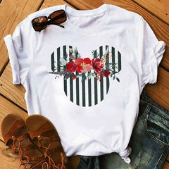 Women T-shirts Cute Print Tshirt Woman Summer Short Sleeve Flowers Ear Fashion Graphic Tee Shirt Tops Female T-shirt Clothes