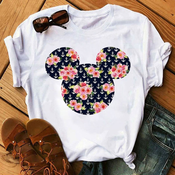 Women T-shirts Cute Print Tshirt Woman Summer Short Sleeve Flowers Ear Fashion Graphic Tee Shirt Tops Female T-shirt Clothes