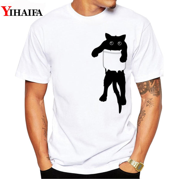 YIHAIFA Brand Men T-Shirt Pocket Cat Gym Print Hipster Summer Short Sleeve Funny Graphic Printed Tee Shirts White Tops