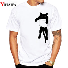 YIHAIFA Brand Men T-Shirt Pocket Cat Gym Print Hipster Summer Short Sleeve Funny Graphic Printed Tee Shirts White Tops