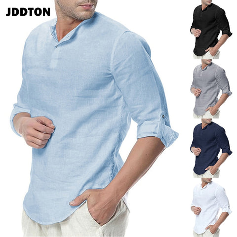 JDDTON New Men's Long Sleeve Shirts Cotton Linen Casual Breathable Comfortable Shirt Fashion Style Solid Male Loose Shirts JE065