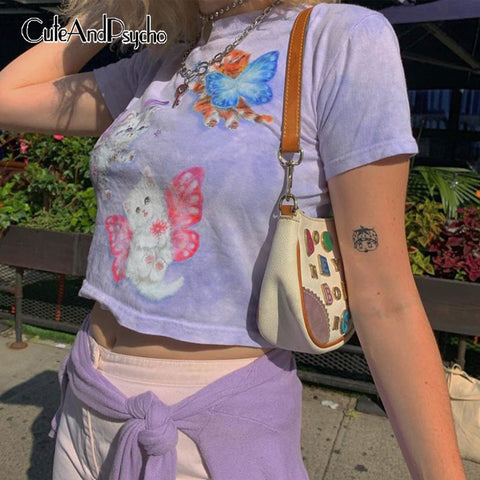 Butterfly Printed Women's Casual Short Tee Shirts Purple Cotton Crew Neck Crop Top Summer Streetwear Basic 90s Top Cuteandpsycho