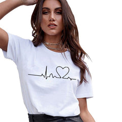 Woman O-neck T-Shirts Summer Short Sleeve T-shirt Women Harajuku Love Printed T-shirt T-Shirt Casual Tops Women Heartbeat TShirt