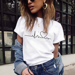 Woman O-neck T-Shirts Summer Short Sleeve T-shirt Women Harajuku Love Printed T-shirt T-Shirt Casual Tops Women Heartbeat TShirt