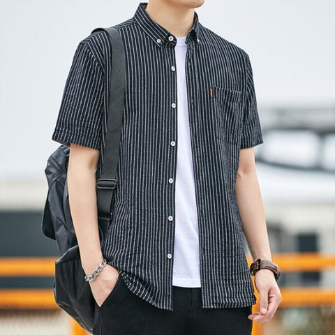 Summer shirt Men's short sleeve Korean version of the trend stripes loose short sleeve casual shirt simple square collar shirt