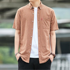 Summer shirt Men's short sleeve Korean version of the trend stripes loose short sleeve casual shirt simple square collar shirt