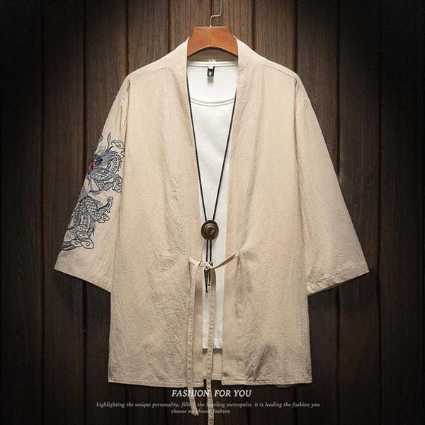 M-5XL Japanese Streetwear Kimono Shirt Men Chinese Dragon Embroiderd 3/4 Sleeve Collarless Shirts Cotton Office Wear XXXXXL