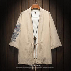 M-5XL Japanese Streetwear Kimono Shirt Men Chinese Dragon Embroiderd 3/4 Sleeve Collarless Shirts Cotton Office Wear XXXXXL